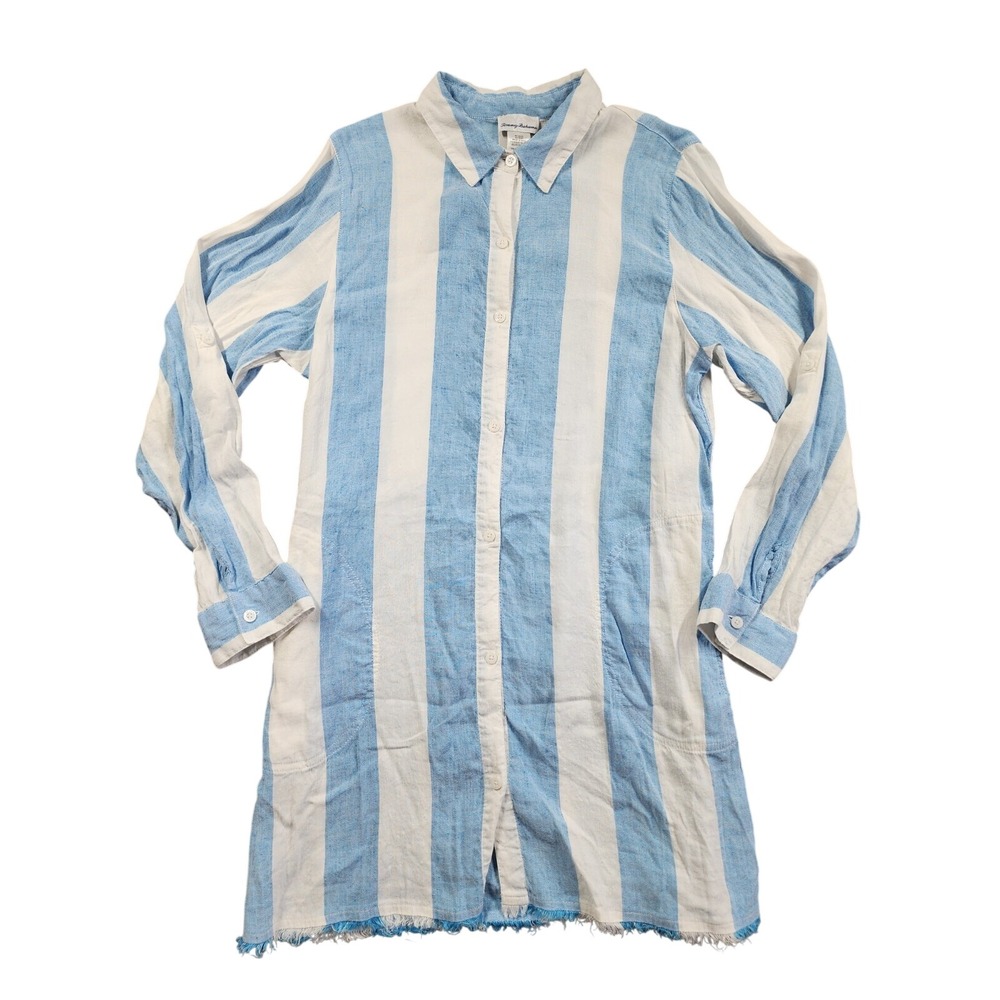Tommy Bahama Boyfriend Shirt Women Medium White Blue Striped Linen Blend Raw Hem